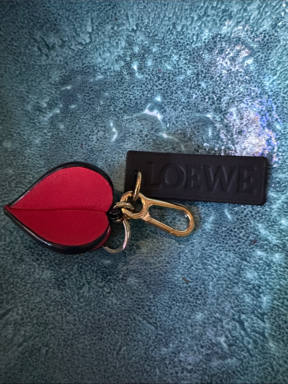 LOEWE Red Leather Heart Keychain/Bag Charm W Embossed Black Leather Tag Rare